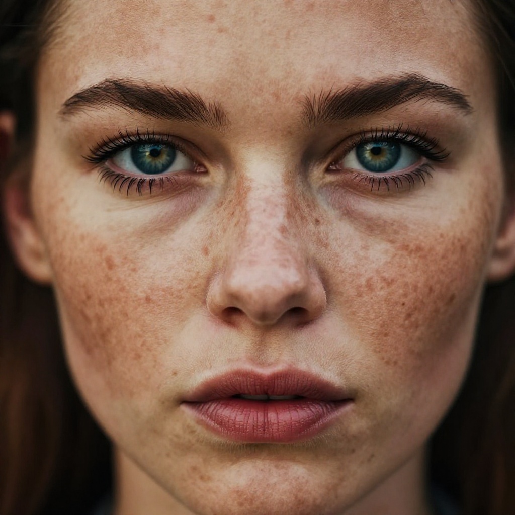 cinematic film still of cinematic style,  freckles cinematic style cinematic image of a close up of a woman's face with fr...