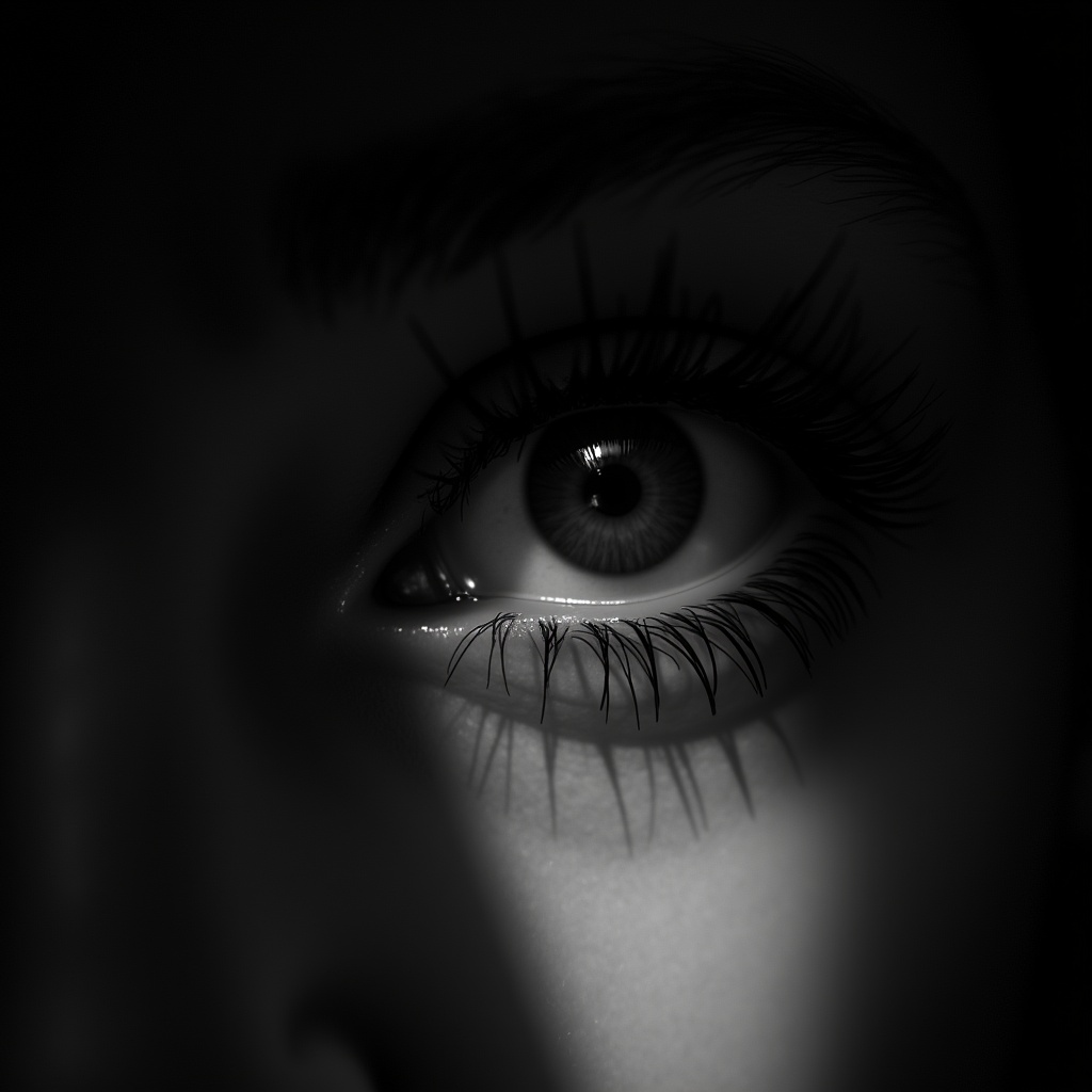 Chiaroscuro Lighting Style of a close up of a person's eye with long eyelashes,  sharp,  detailed on Tensor.Art