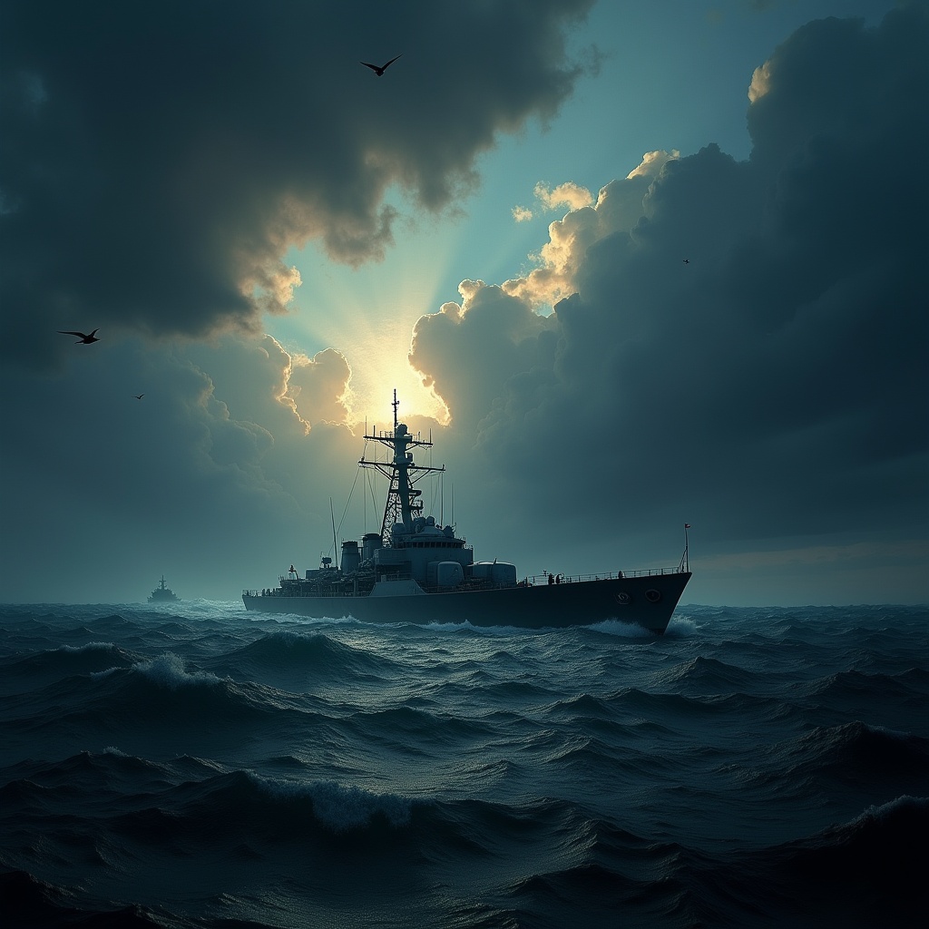 Chiaroscuro Lighting Style of a painting of a boat in a stormy sea,  sharp,  detailed on Tensor.Art