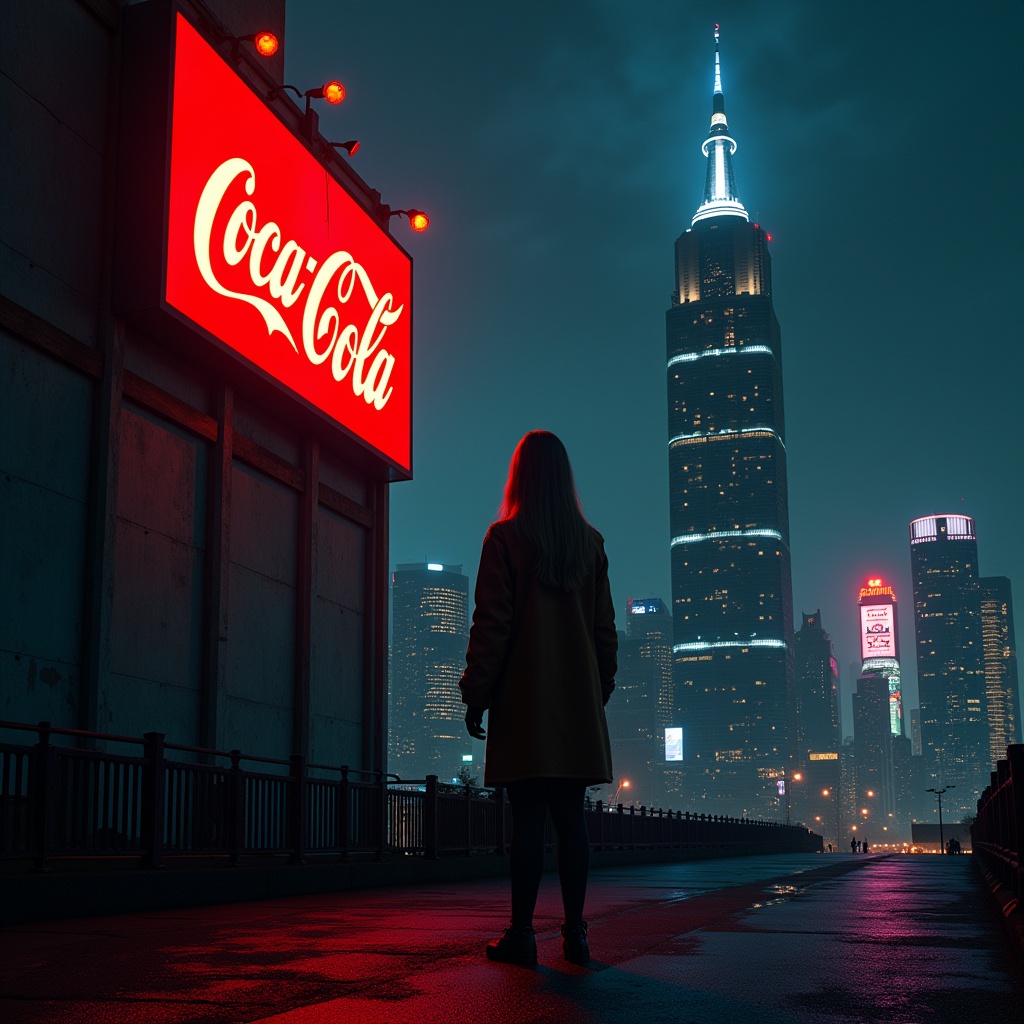 Chiaroscuro Lighting Style of a city with a coca cola sign on the side of it,  sharp,  detailed on Tensor.Art