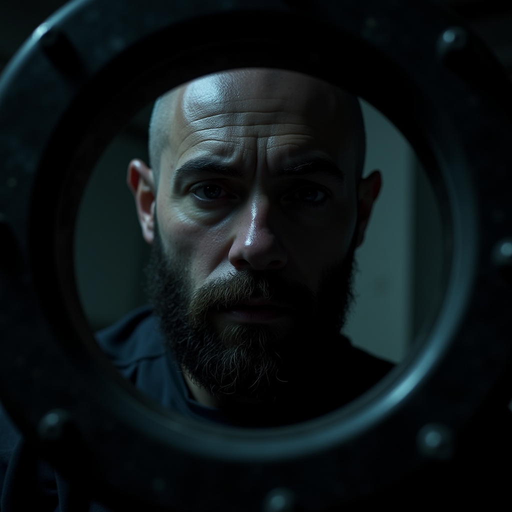 Chiaroscuro Lighting Style of a man with a beard and a beardless face looking through a metal wheel,  sharp,  detailed on...