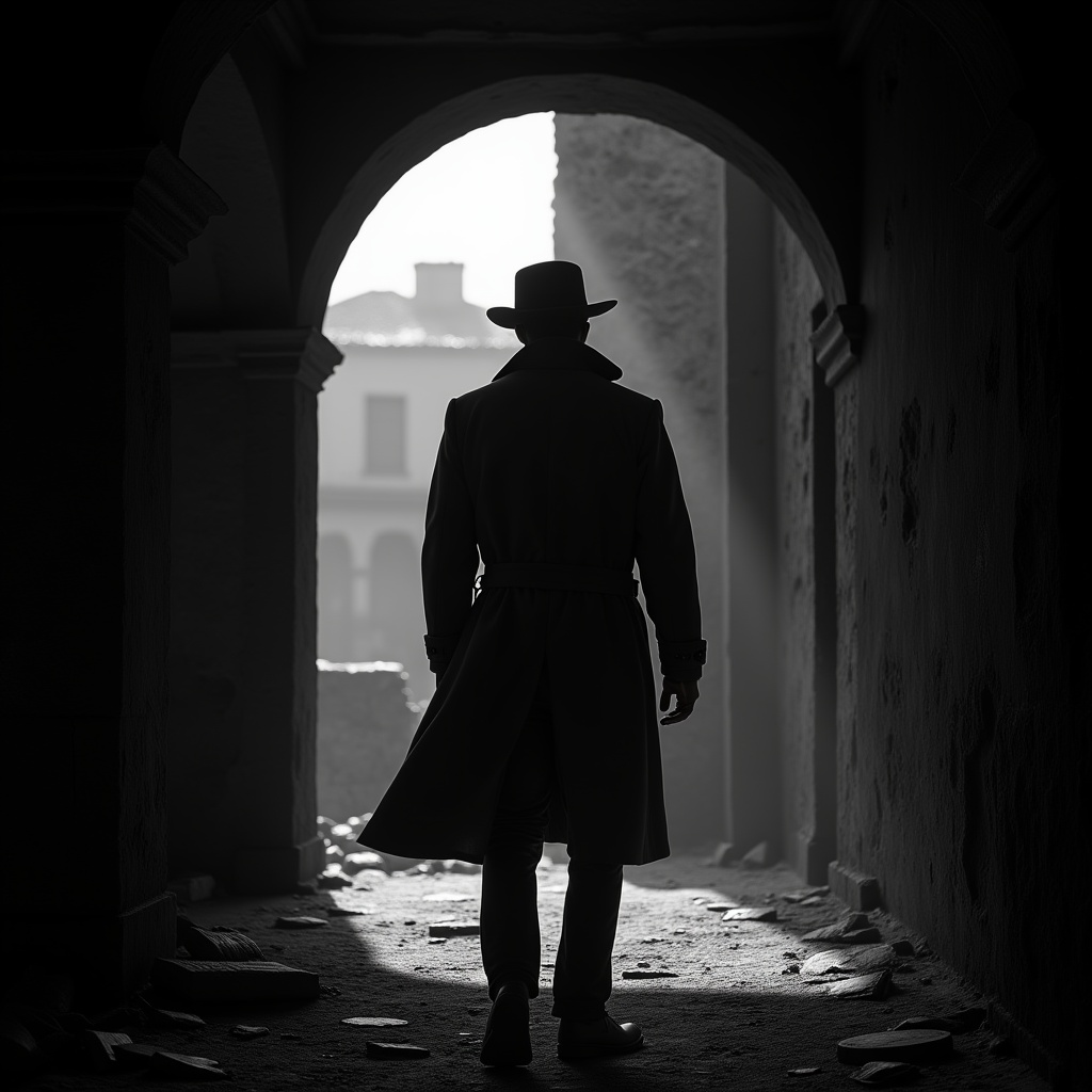 Chiaroscuro Lighting Style of a man in a trench coat walking through a tunnel,  sharp,  detailed on Tensor.Art