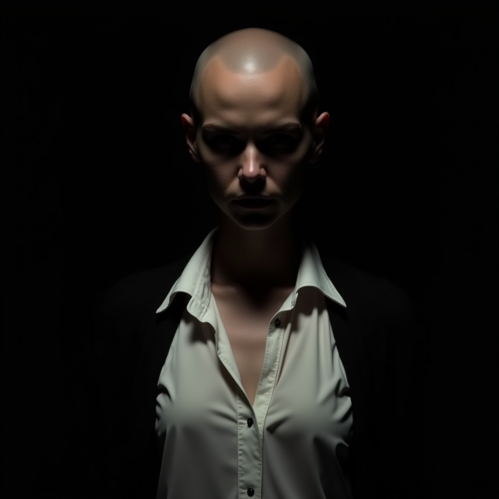 Chiaroscuro Lighting Style of a woman with a bald head and a white shirt,  sharp,  detailed on Tensor.Art