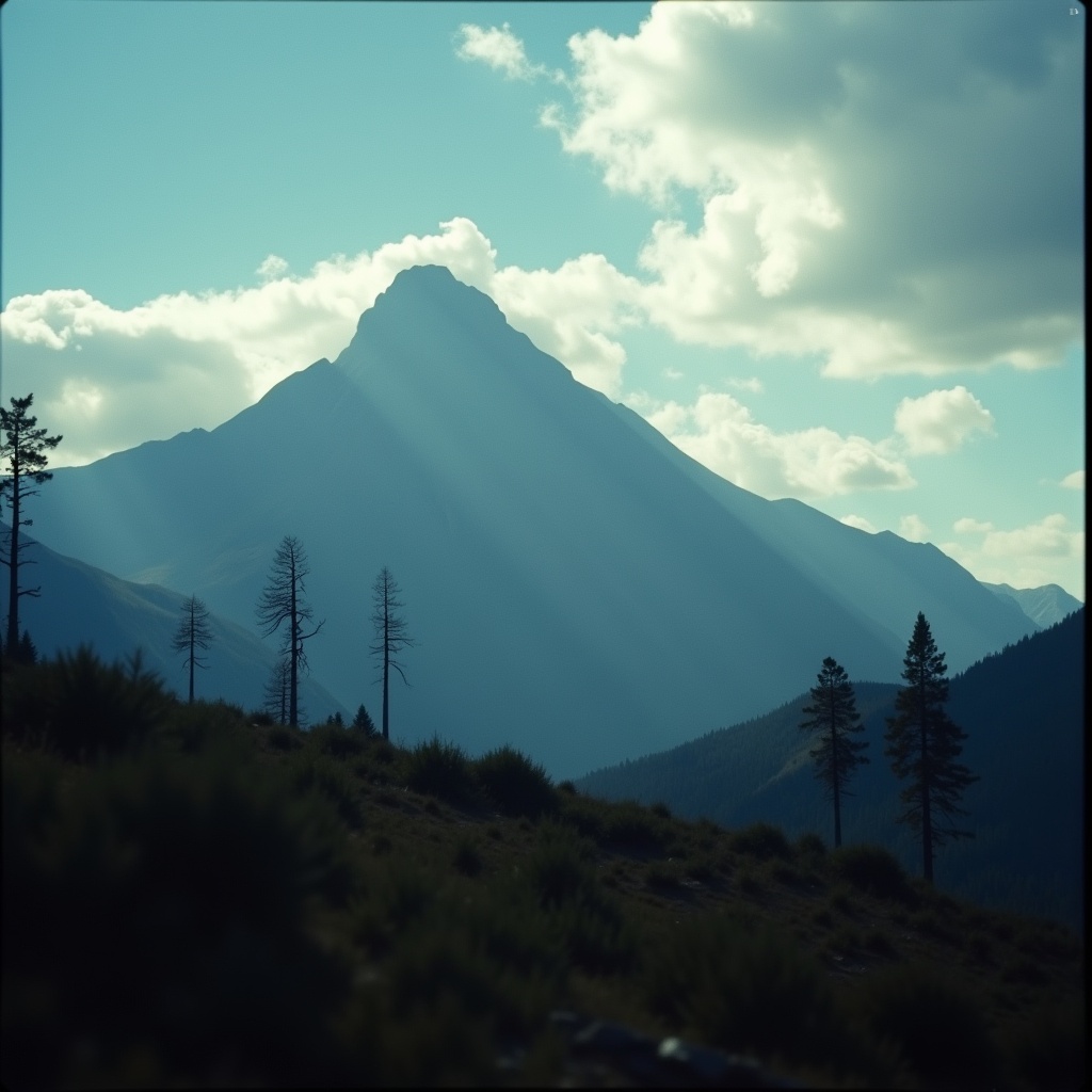 cinematic film still of Chiaroscuro Lighting Style of a mountain with a few trees and a sky,  sharp,  detailed on Tensor.Art