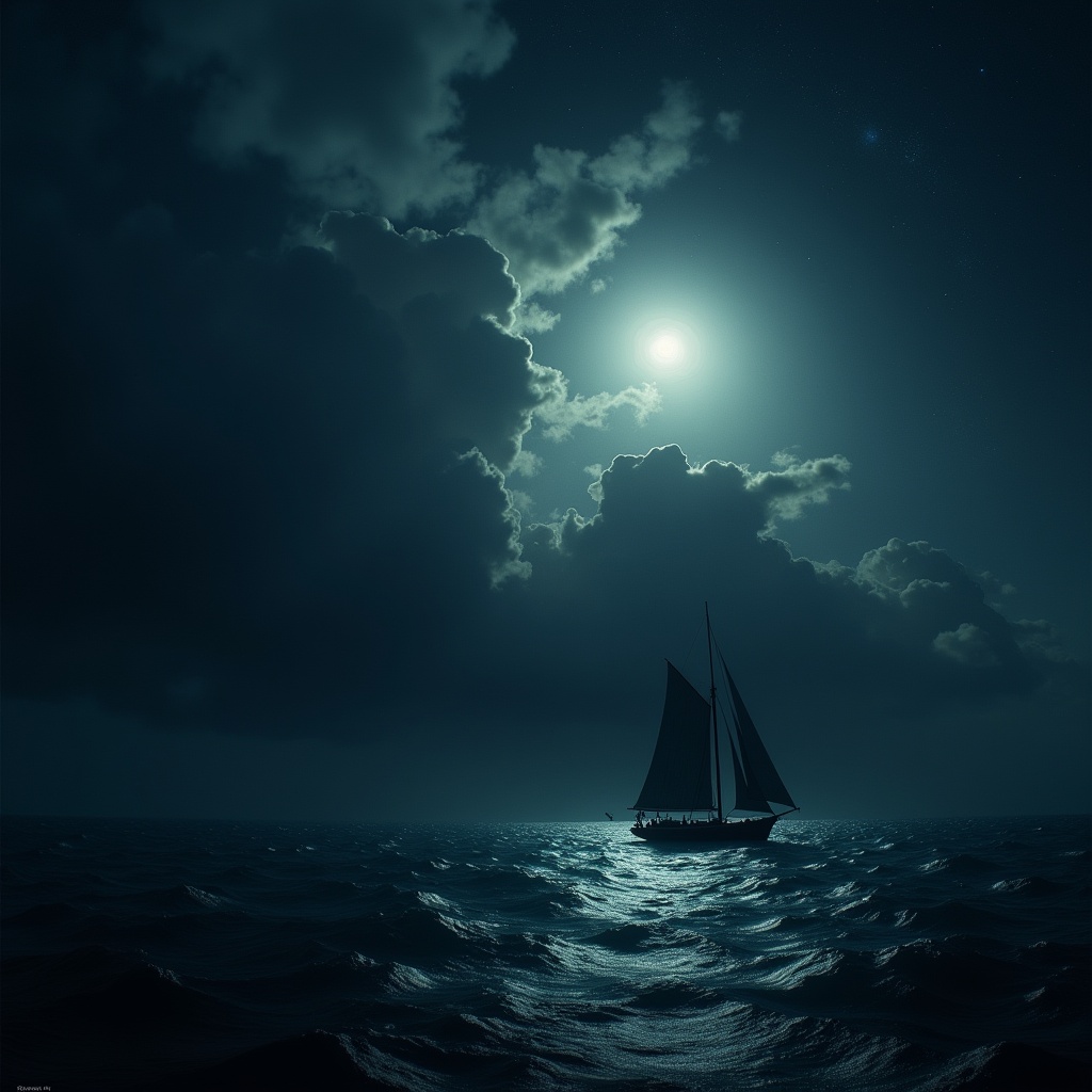 cinematic film still of Chiaroscuro Lighting Style of a painting of a boat in a stormy sea,  sharp,  detailed on Tensor.Art