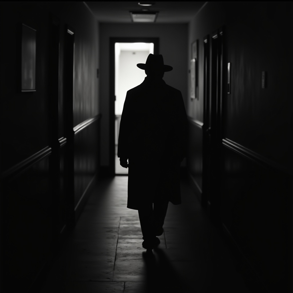 cinematic film still of Chiaroscuro Lighting Style of a man in a hat and coat walking down a hallway,  sharp,  detailed on...