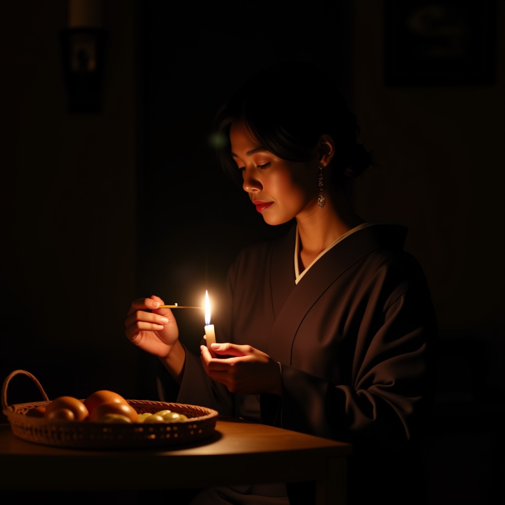 cinematic film still of Chiaroscuro Lighting Style of a woman lighting a candle in a dark room,  sharp,  detailed on Tenso...