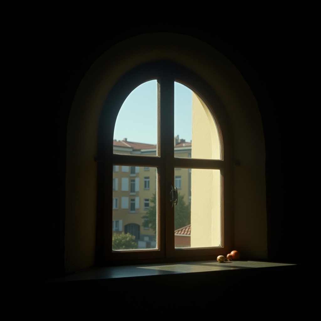 cinematic film still of Chiaroscuro Lighting Style of a window with a view of a building,  sharp,  detailed on Tensor.Art