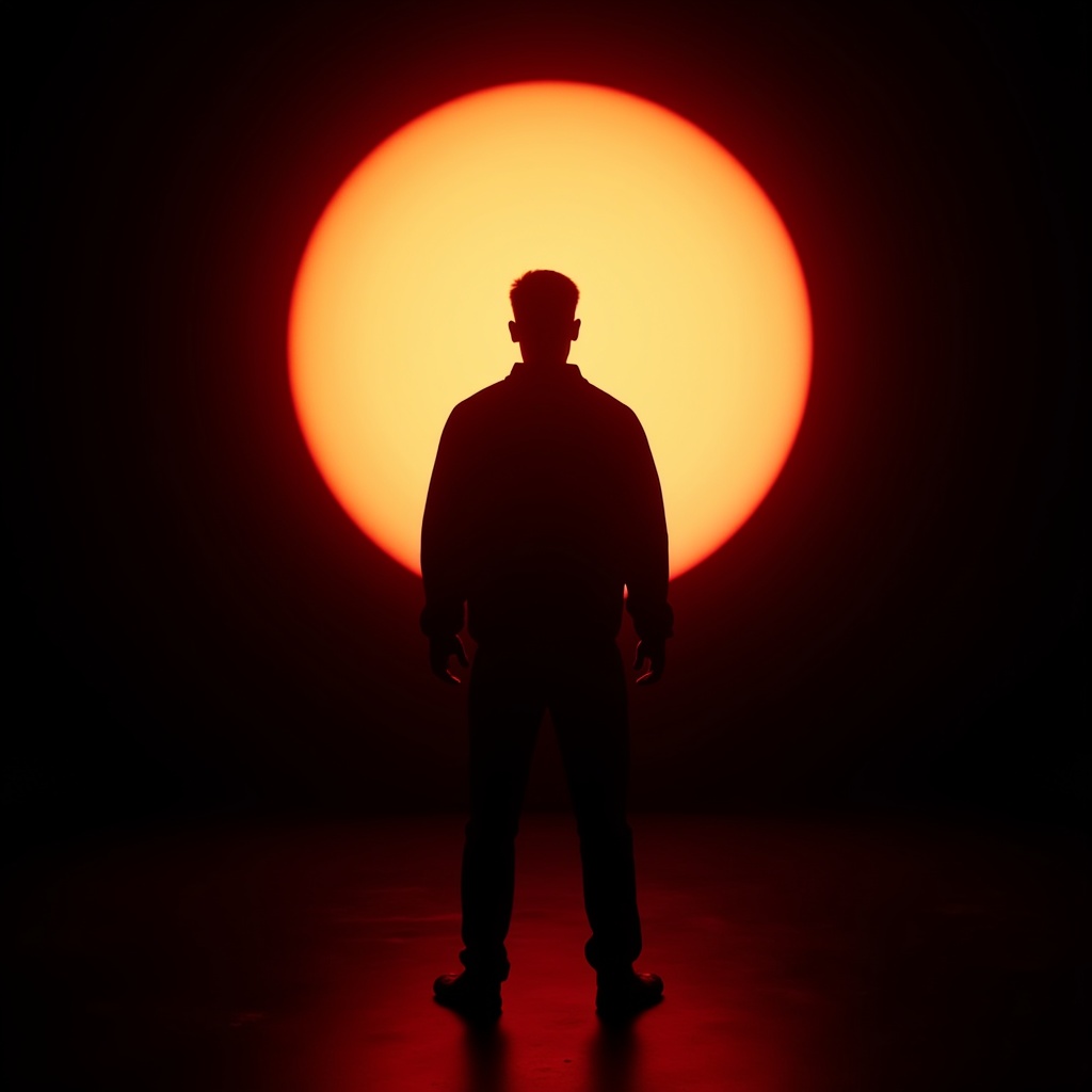cinematic film still of Chiaroscuro Lighting Style of a man standing in front of a bright sun,  sharp,  detailed on Tensor...
