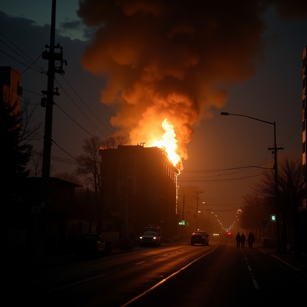 cinematic film still of Chiaroscuro Lighting Style of a fire is raging through a building at night,  sharp,  detailed on T...