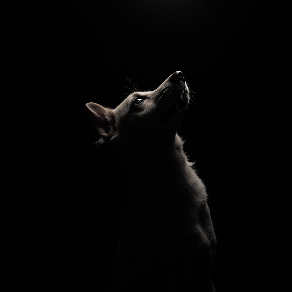 cinematic film still of Chiaroscuro Lighting Style of a dog is looking up in the dark,  sharp,  detailed on Tensor.Art
