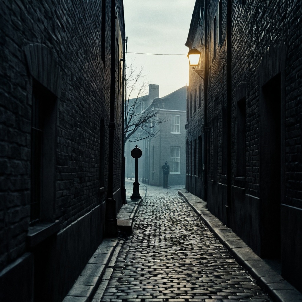 Dark Moody Atmosphere,  Dark Cinematic Chiaroscuro Lighting Style of a narrow alley with a fire hydrant on the side,  shar...
