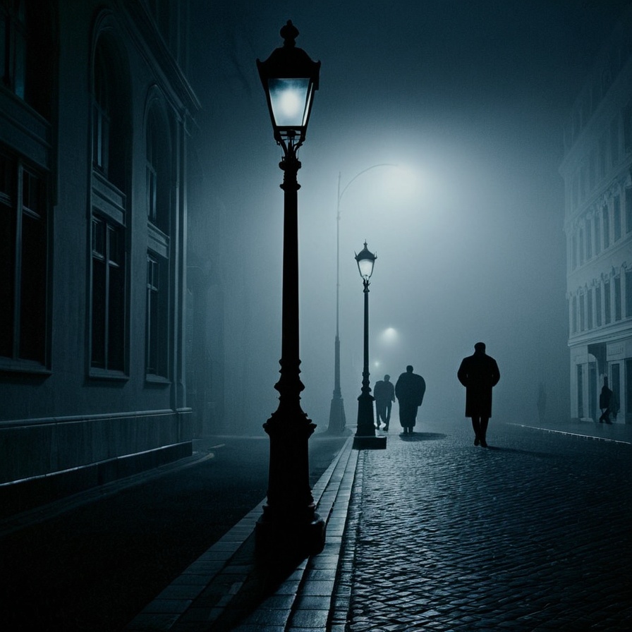 Dark Moody Atmosphere,  Dark Cinematic Chiaroscuro Lighting Style of a street light in a foggy city,  sharp on Tensor.Art