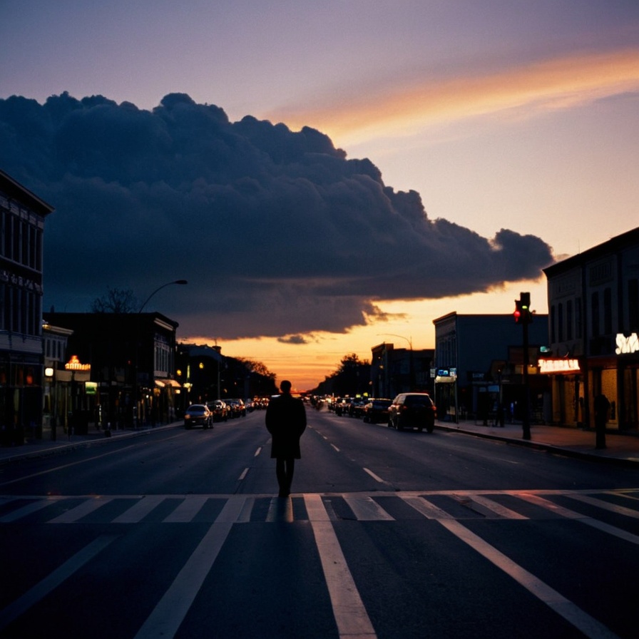 cinematic film still of Dark Cinematic Chiaroscuro Lighting Style of a silhouetted person from behind walking down a stree...
