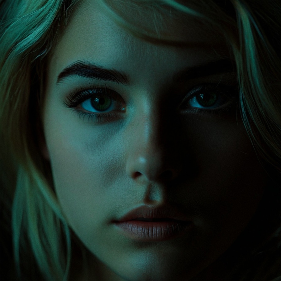 Dark Moody Atmosphere,  Dark Cinematic Chiaroscuro Lighting Style of a woman laying down with her eyes open,  sharp on Ten...