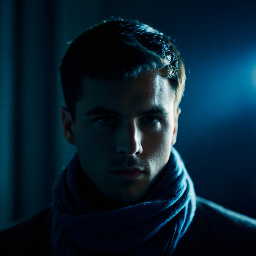 cinematic film still of Dark Cinematic Chiaroscuro Lighting Style of a man staring at something in the dark,  sharp,  deta...