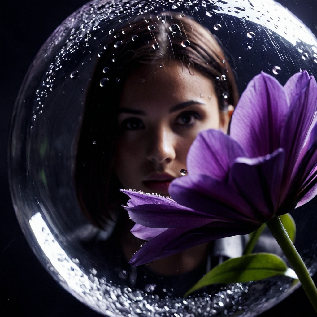 Dark Moody Atmosphere,  Dark Cinematic Chiaroscuro Lighting Style of a purple flower with water droplets on it,  sharp on...