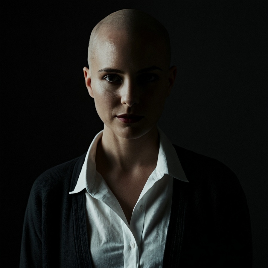 Dark Moody Atmosphere,  Dark Cinematic Chiaroscuro Lighting Style of a painting of a mature woman with a bald head and a w...