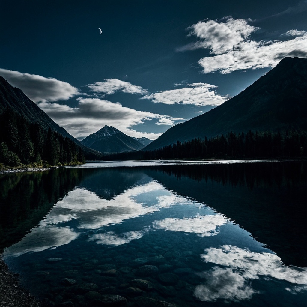 Dark Moody Atmosphere,  Dark Cinematic Chiaroscuro Lighting Style of a lake with a mountain in the background,  sharp on T...