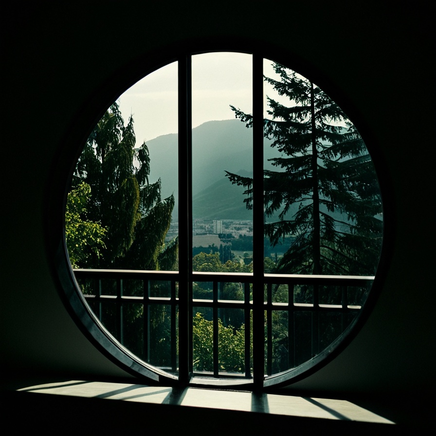 Dark Moody Atmosphere,  Dark Cinematic Chiaroscuro Lighting Style of a window with a view of a building,  sharp on Tensor.Art
