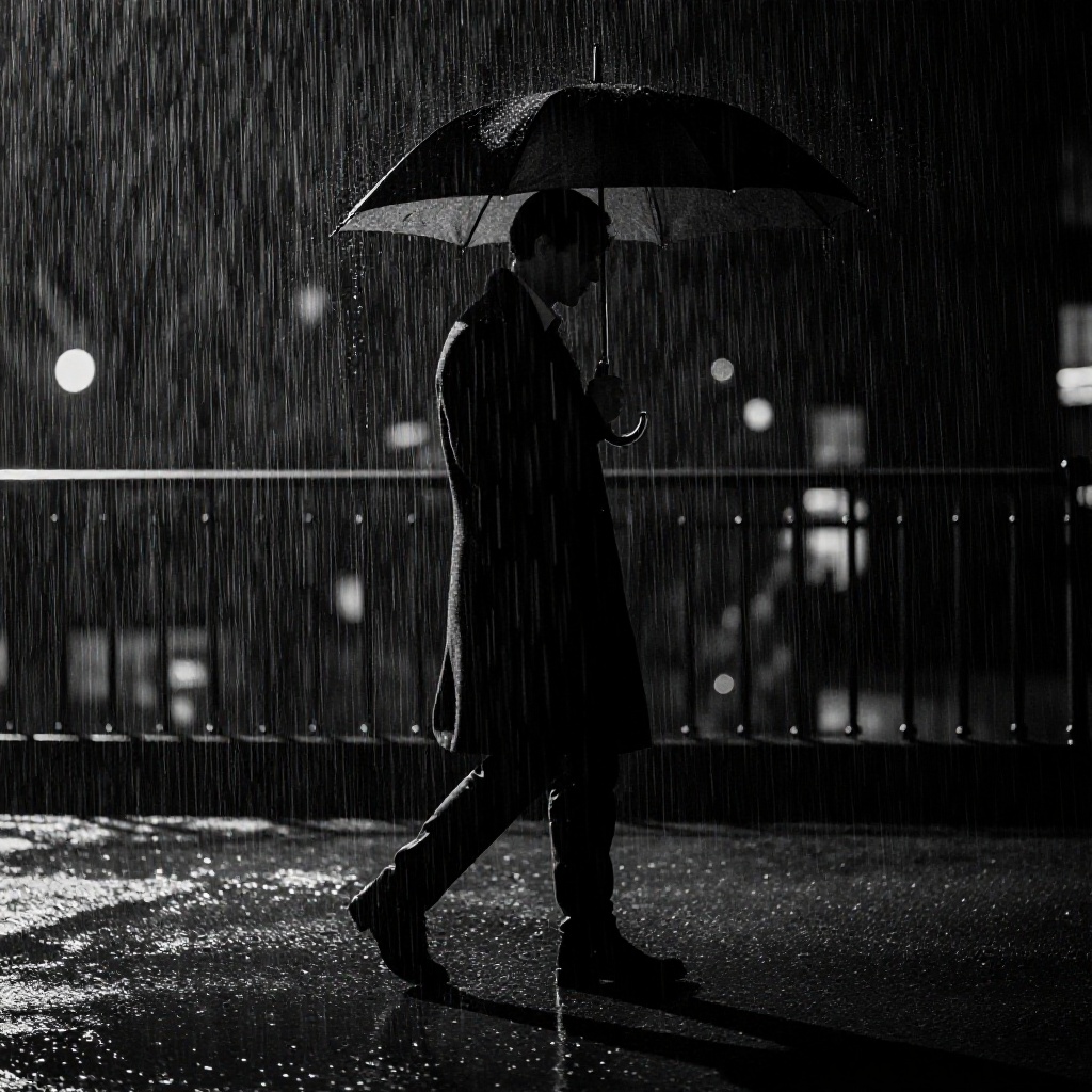 cinematic film still of Dark Cinematic Chiaroscuro Lighting Style of a man walking in the rain with a umbrella,  sharp,  d...