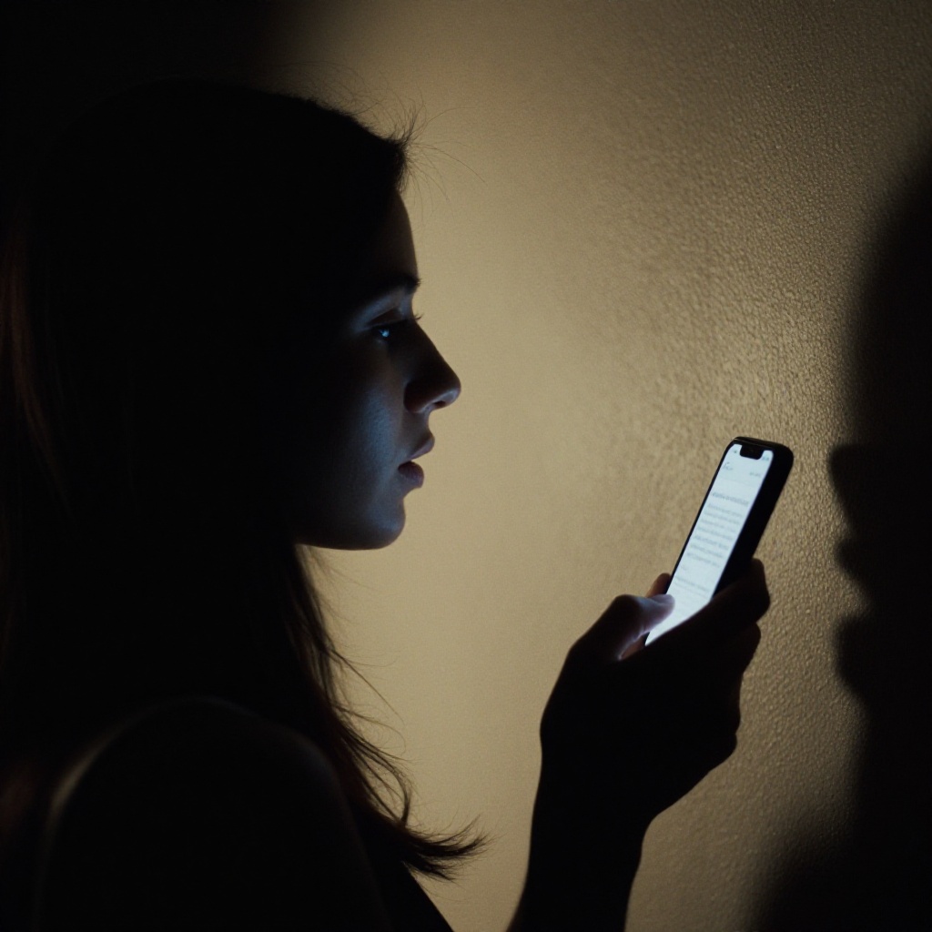 cinematic film still of Dark Cinematic Chiaroscuro Lighting Style of a person is silhouetted against a wall with a cell ph...