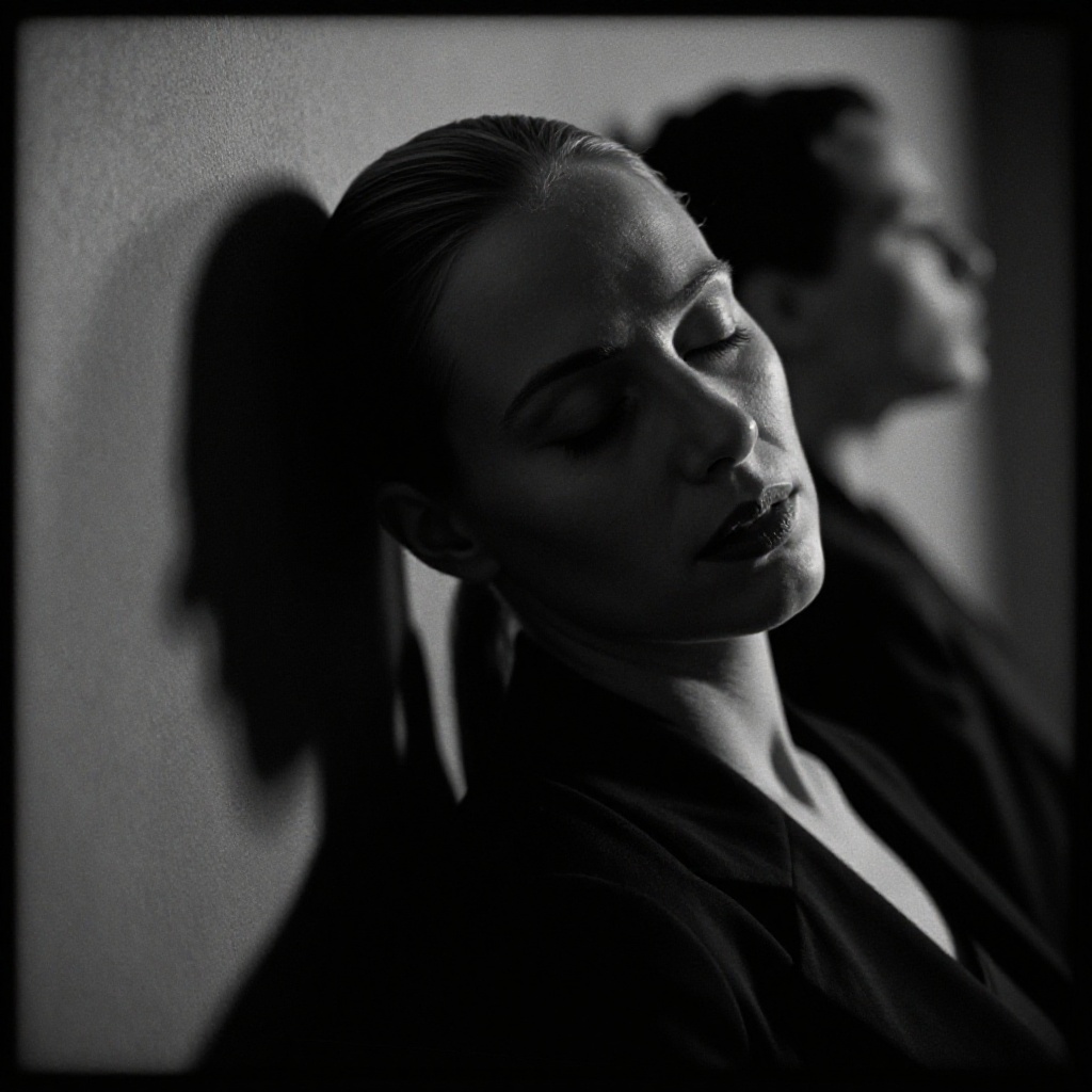 cinematic film still of Dark Cinematic Chiaroscuro Lighting Style of a woman leaning against a wall with her eyes closed,...