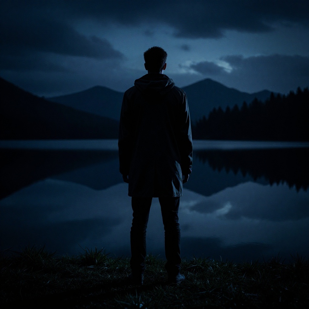 cinematic film still of Dark Cinematic Chiaroscuro Lighting Style of a man standing in front of a lake at night,  sharp,...