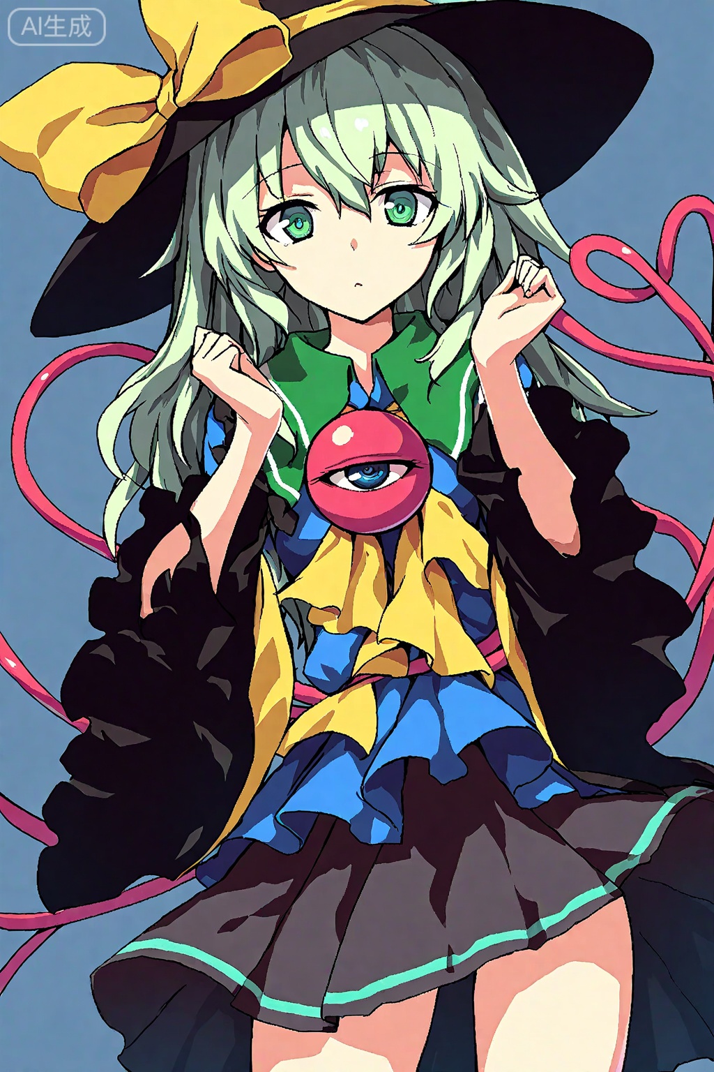 masterpiece,best quality,1girl,solo,masterpiece,best quality,fantasydi,komeiji_koishi, 1girl, third_eye, black_hat, green_hair,wide_sleeves, hat_bow, green_eyes,heart_of_string, yellow_bow, hat_ribbon,yellow_ribbon,eyeball,night,looking_at_viewer,simple_background 