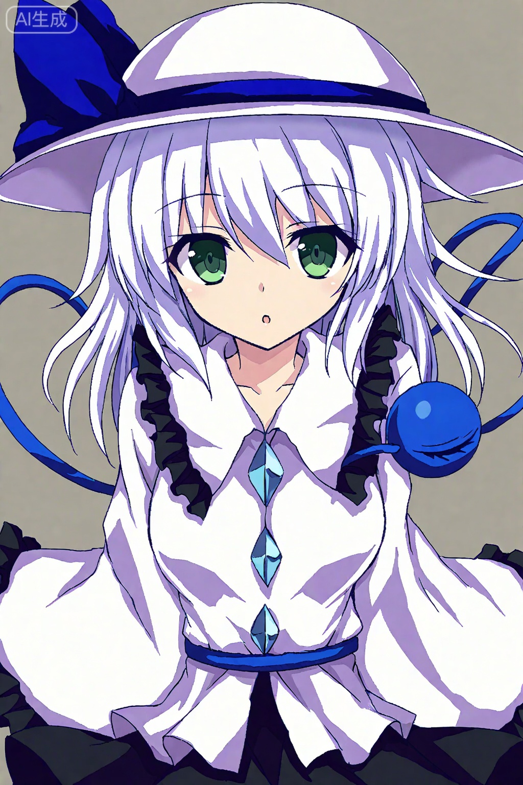 masterpiece,best quality,1girl,solo,masterpiece,best quality,simple_background,1girl,white hair,third_eye, white shirt, white_hat,frilled_sleeves,frilled_shirt_collar, wide_sleeves, hat_bow, dark_blue_skirt, heart_of_string, blue_bow, hat_ribbon, diamond_button, blue_ribbon, eyeball,whiteKoishi,green_eyes