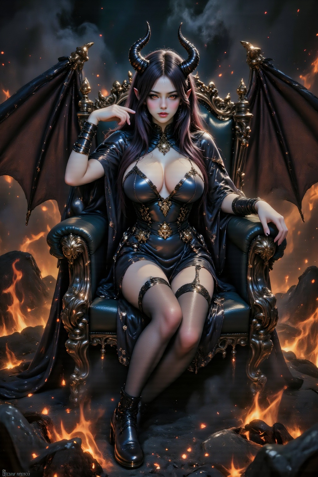 A busty girl with huge black devil wings (like bat-like wings),  raised her chin with an arrogant expression on her face,...