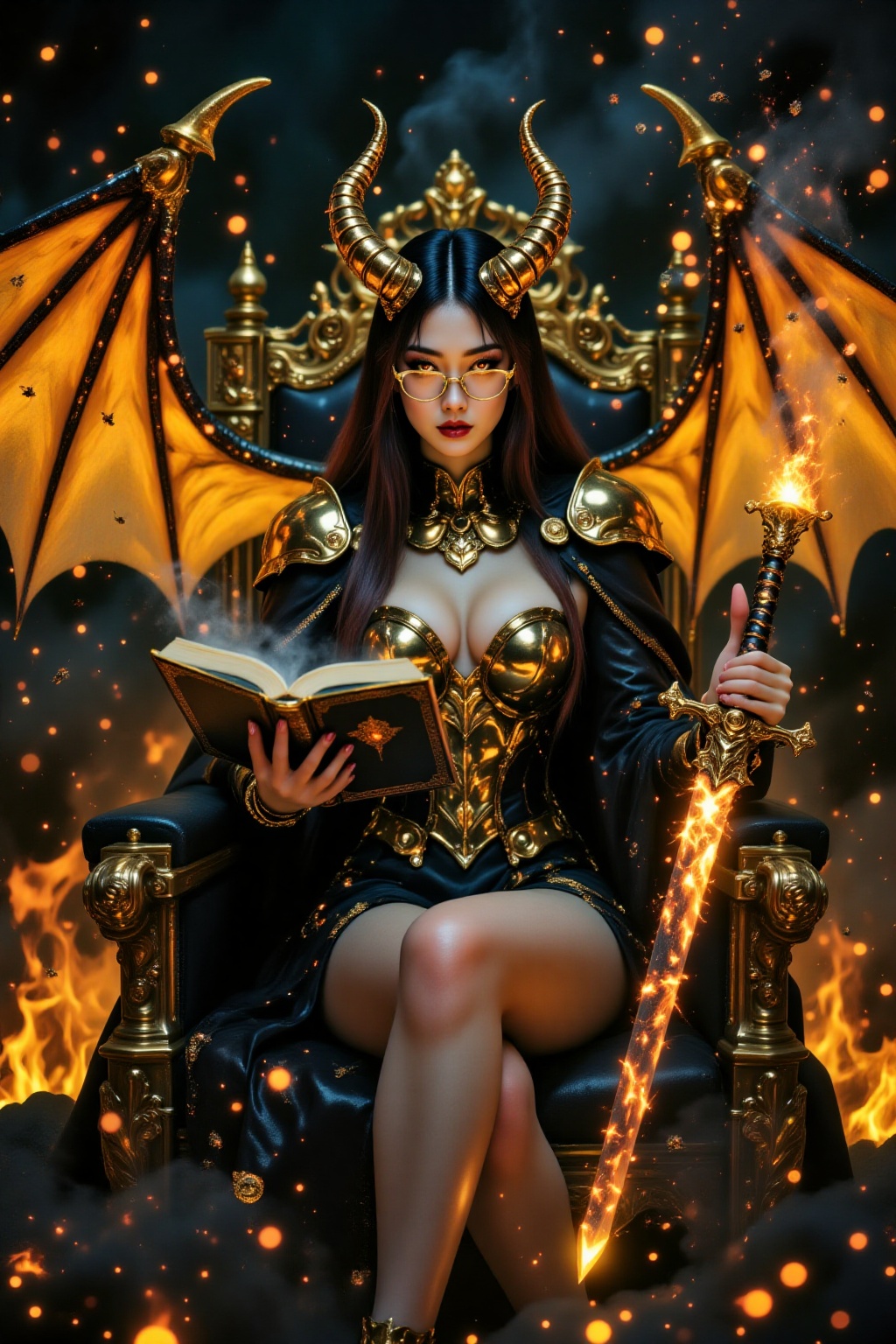 A busty girl with huge chrome-yellow devil wings (like bat-like wings),  with an expression full of wisdom,  wearing a bla...