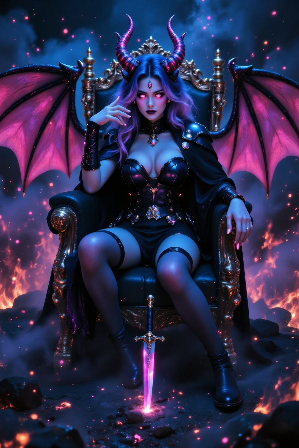 A busty girl with huge dark pink and blue demon wings (like bat-like wings),  with a jealous expression on her face,  wear...
