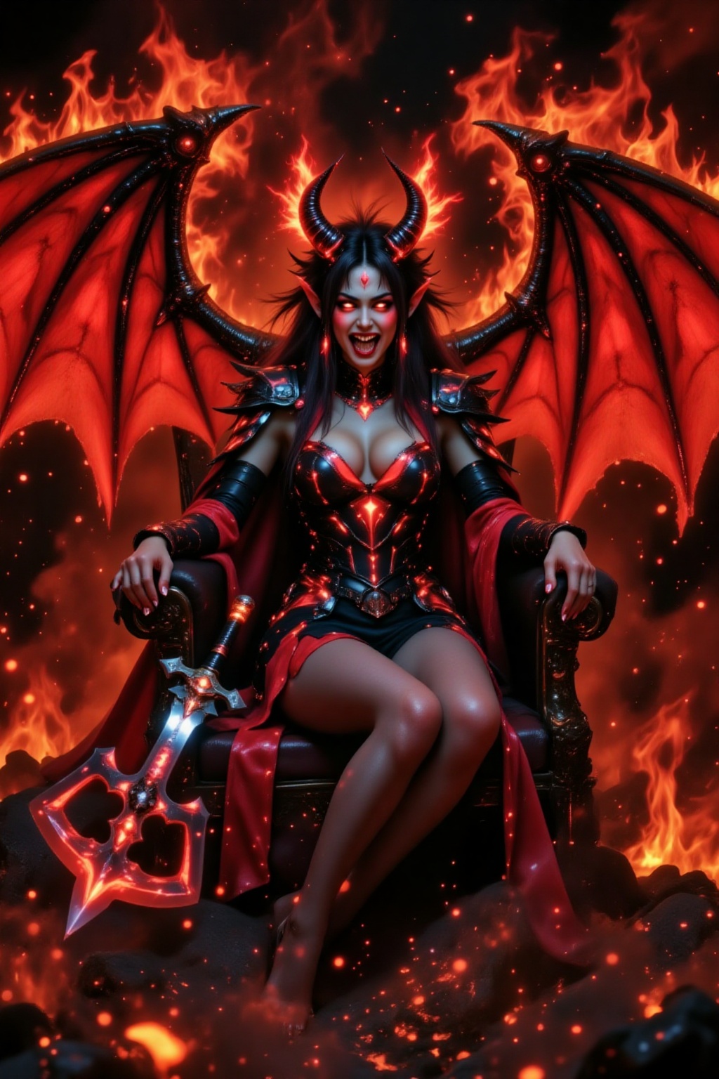 A busty girl with huge bright red demon wings (like bat-like wings),  with a cold and disgusted expression on her face,  w...