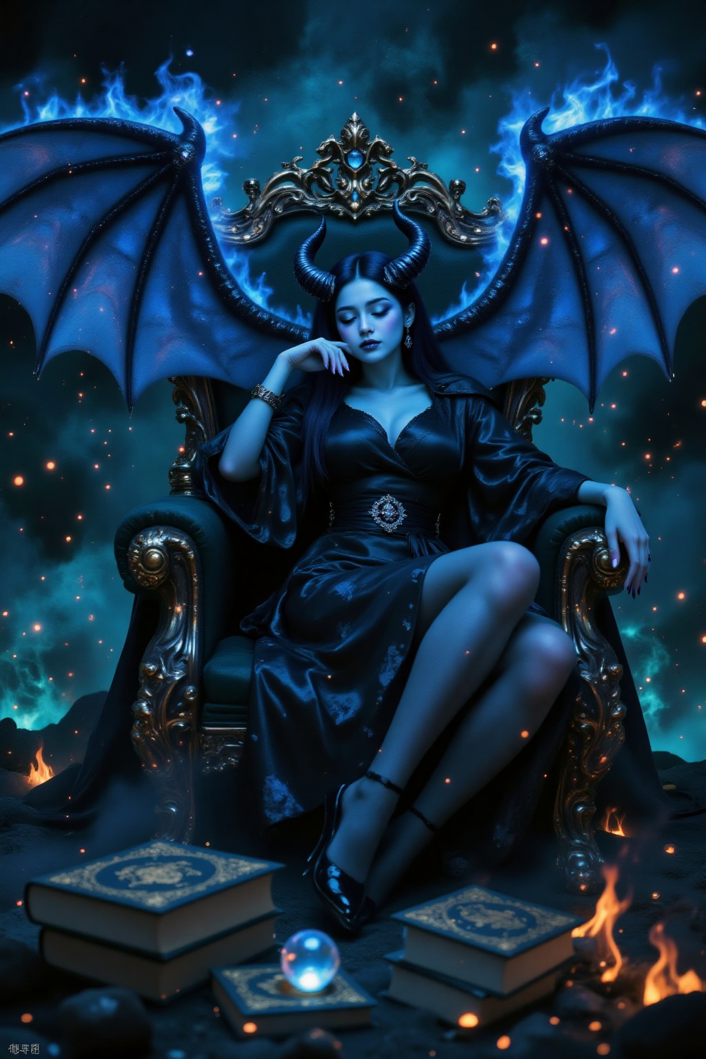 A busty girl with huge turkish blue demon wings (like bat-like wings),  eyes closed,  lazy expression on her face on Tenso...
