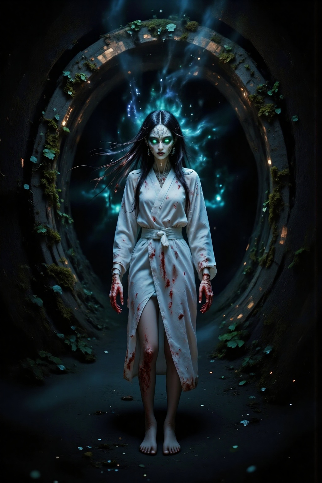 Top quality. Inspiration: Underground tunnel,  bloodied hands,  a girl in white. Visuals: Close-up: In a dark on Tensor.Art
