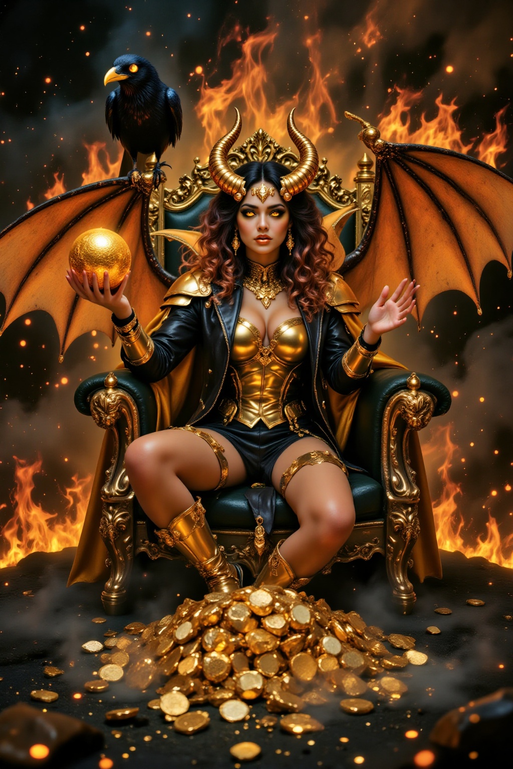 A busty girl with huge golden devil wings (like bat-like wings),  with a show-off expression on her face,  wearing a black...