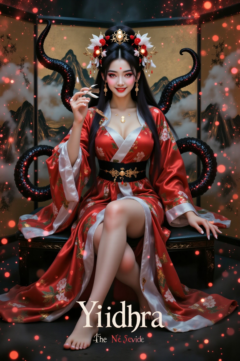 Top quality. Inspiration: Yidhra. The word "Yidhra" is printed at the bottom of the image,  in red,  white on Tensor.Art