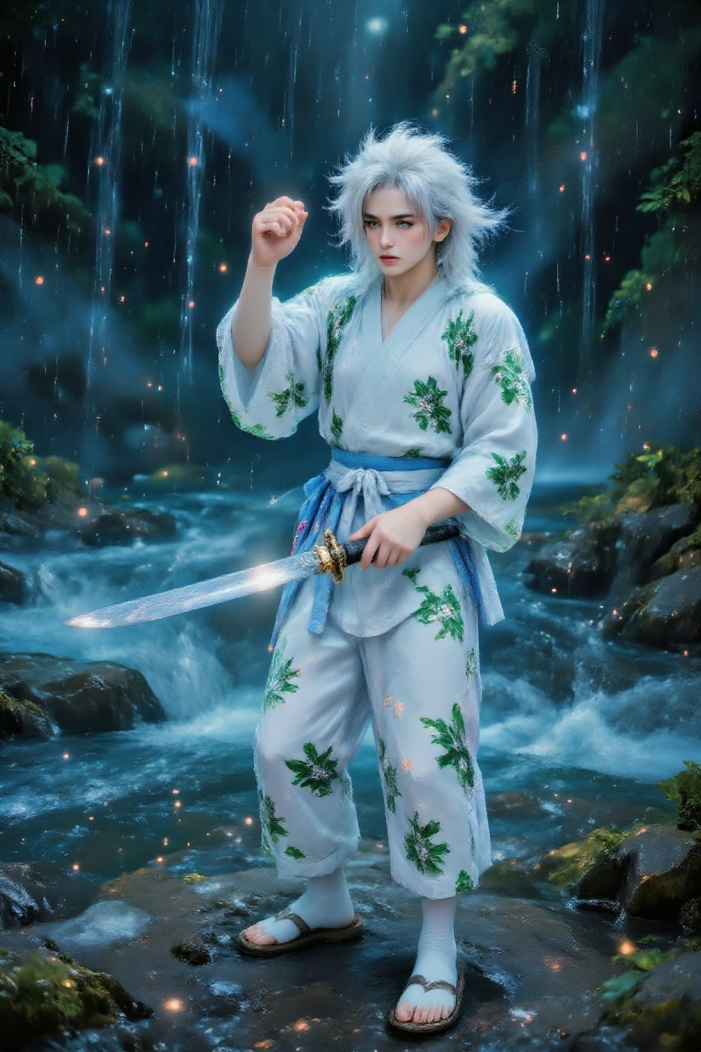 Top quality. Inspiration: Kojiro Sasaki. Image: Close-up: A Japanese ronin samurai with flowing,  long,  white on Tensor.Art