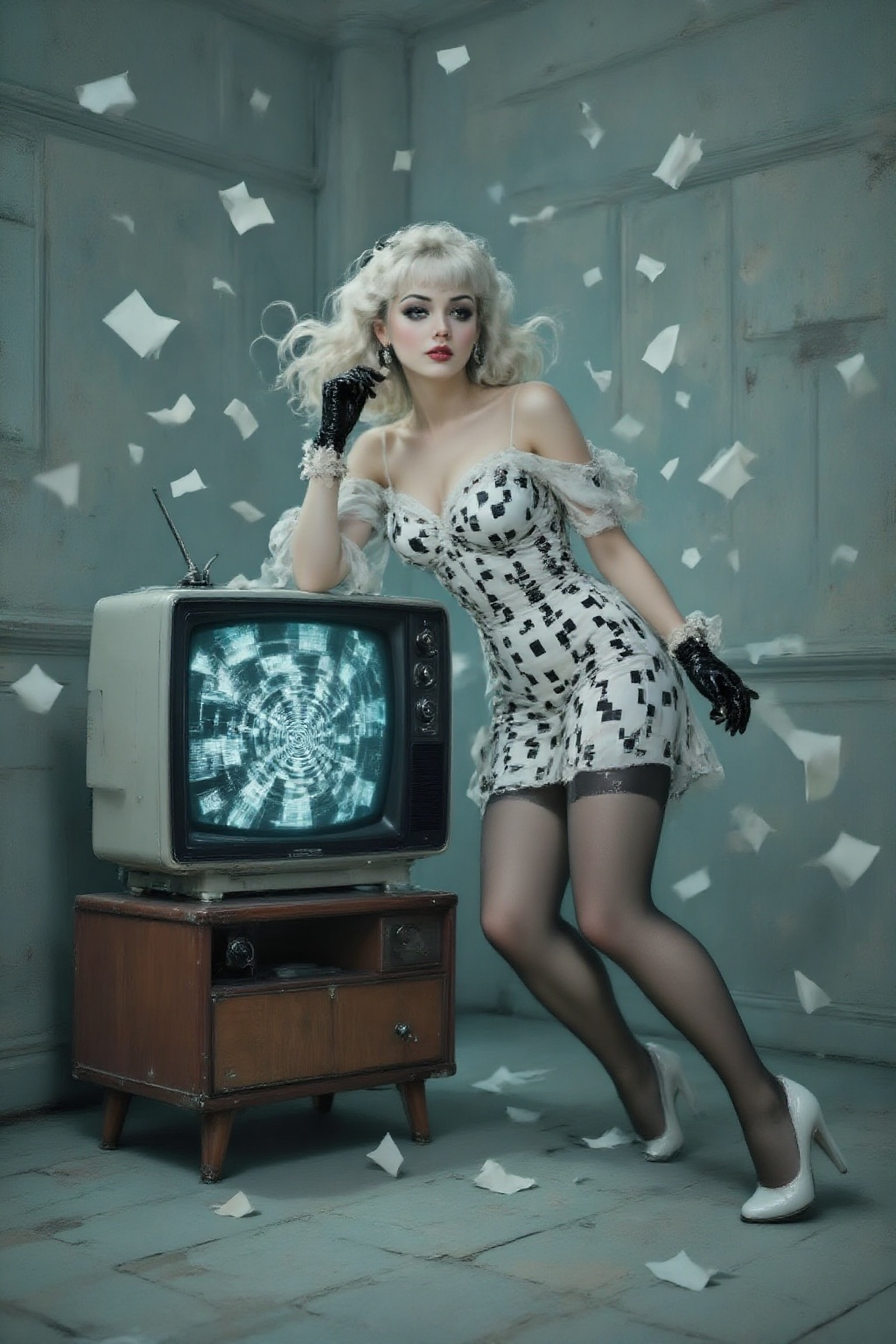 Top quality. Inspiration: White noise,  an old-fashioned television,  an empty room. Visuals: Close-up: A girl with langui...