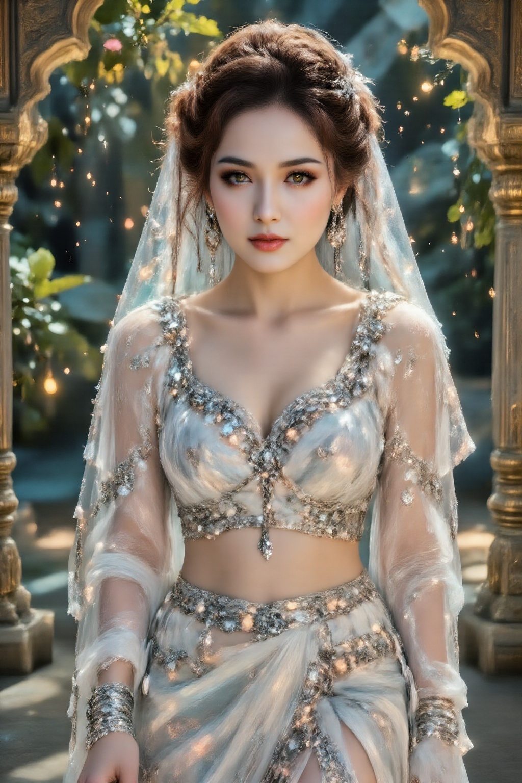 Top quality. Inspiration: Veil,  Sari. Image: Close-up: A princess with long,  updo-like brown hair and bright yellow eyes...