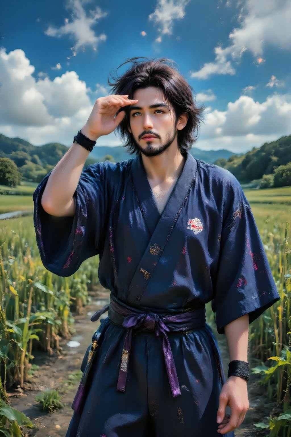 Top quality. Inspiration: Miyamoto Musashi. Image: Close-up: A Japanese ronin samurai with flowing,  unruly black hair and...