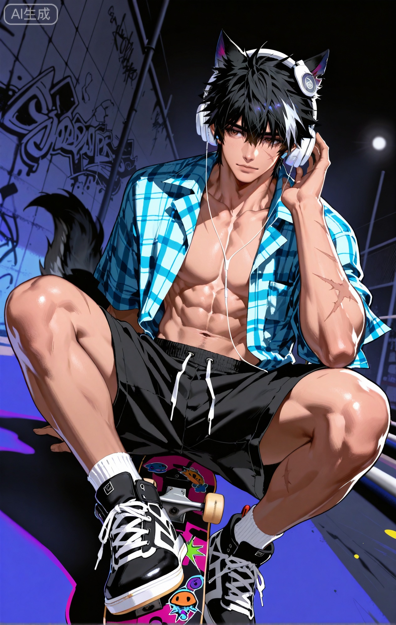 Wulfgard (Arknights: Endfield),brown eyes,black hair,streaked hair,short hair,hair over eyes,wolf ears,Wolf ears,wolf tail,tail,scar on face,scar on arm,
(artist:mazjojo:0.83),(artist:pigeon666:0.67),(artist:zawar379:0.77),(artist:remsrar:0.65),(artist:yoneyama mai:0.74),(artist:chimmyming:0.72),masterpiece,best quality,4k,hd,ultra-detailed,absurdres,perfect lighting,volumetric lighting,(bright, late afternoon sun),shadowing,(good shadowing),depth of field,layered depth of field,dynamic perspective,painterly,maximalism,colors contrast,
1boy, bara, solo, looking at viewer, navel, muscular, muscular male, abs, jewelry, realistic, thighs, (wearing a beanie, an open flannel shirt over a **** top, baggy shorts, skate shoes), (sitting on his skateboard on top of a half-pipe, listening to music on his headphones and nodding his head to the beat:1.7), (a cool, detached, and rhythmic expression:1.5),
surrounded by the concrete ramps of the skatepark, graffiti art, and the sound of wheels on concrete,
skatepark background, simple background, sticker, dynamic pose, dynamic angle,detailed background, full body view,
grid background,(gradient theme:1.4),(hiphop theme:1.4),(skater theme:1.4),(music party theme:1.2),(colored shadow:1.8),xiaozhitiao