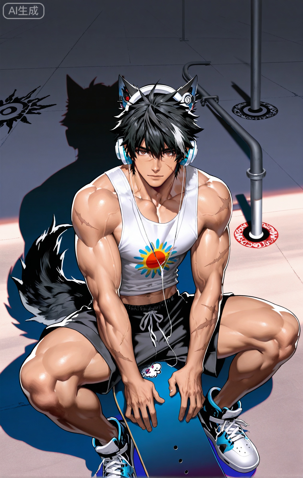 Wulfgard (Arknights: Endfield),brown eyes,black hair,streaked hair,short hair,hair over eyes,wolf ears,Wolf ears,wolf tail,tail,scar on face,scar on arm,
(artist:mazjojo:0.83),(artist:pigeon666:0.67),(artist:zawar379:0.77),(artist:remsrar:0.65),(artist:yoneyama mai:0.74),(artist:chimmyming:0.72),masterpiece,best quality,4k,hd,ultra-detailed,absurdres,perfect lighting,volumetric lighting,(bright, late afternoon sun),shadowing,(good shadowing),depth of field,layered depth of field,dynamic perspective,painterly,maximalism,colors contrast,
1boy, bara, solo, looking at viewer, navel, muscular, muscular male, abs, jewelry, realistic, thighs, (wearing a beanie, an open flannel shirt over a **** top, baggy shorts, skate shoes), (sitting on his skateboard on top of a half-pipe, listening to music on his headphones and nodding his head to the beat:1.7), (a cool, detached, and rhythmic expression:1.5),
surrounded by the concrete ramps of the skatepark, graffiti art, and the sound of wheels on concrete,
skatepark background, simple background, sticker, dynamic pose, dynamic angle,detailed background, full body view,
grid background,(gradient theme:1.4),(hiphop theme:1.4),(skater theme:1.4),(music party theme:1.2),(colored shadow:1.8)