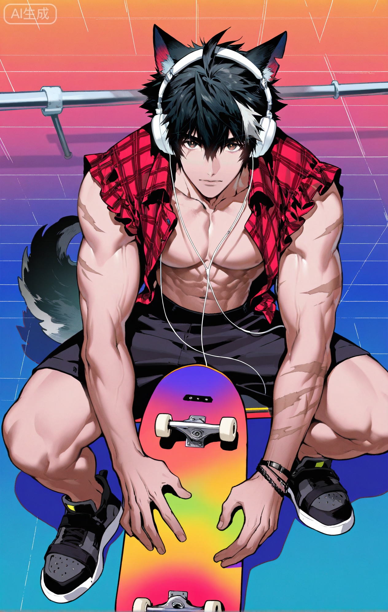 Wulfgard (Arknights: Endfield),brown eyes,black hair,streaked hair,short hair,hair over eyes,wolf ears,Wolf ears,wolf tail,tail,scar on face,scar on arm,
(artist:mazjojo:0.83),(artist:pigeon666:0.67),(artist:zawar379:0.77),(artist:remsrar:0.65),(artist:yoneyama mai:0.74),(artist:chimmyming:0.72),masterpiece,best quality,4k,hd,ultra-detailed,absurdres,perfect lighting,volumetric lighting,(bright, late afternoon sun),shadowing,(good shadowing),depth of field,layered depth of field,dynamic perspective,painterly,maximalism,colors contrast,
1boy, bara, solo, looking at viewer, navel, muscular, muscular male, abs, jewelry, realistic, thighs, (wearing a beanie, an open flannel shirt over a **** top, baggy shorts, skate shoes), (sitting on his skateboard on top of a half-pipe, listening to music on his headphones and nodding his head to the beat:1.7), (a cool, detached, and rhythmic expression:1.5),
surrounded by the concrete ramps of the skatepark, graffiti art, and the sound of wheels on concrete,
skatepark background, simple background, sticker, dynamic pose, dynamic angle,detailed background, full body view,
grid background,(gradient theme:1.4),(hiphop theme:1.4),(skater theme:1.4),(music party theme:1.2),(colored shadow:1.8),xiaozhitiao