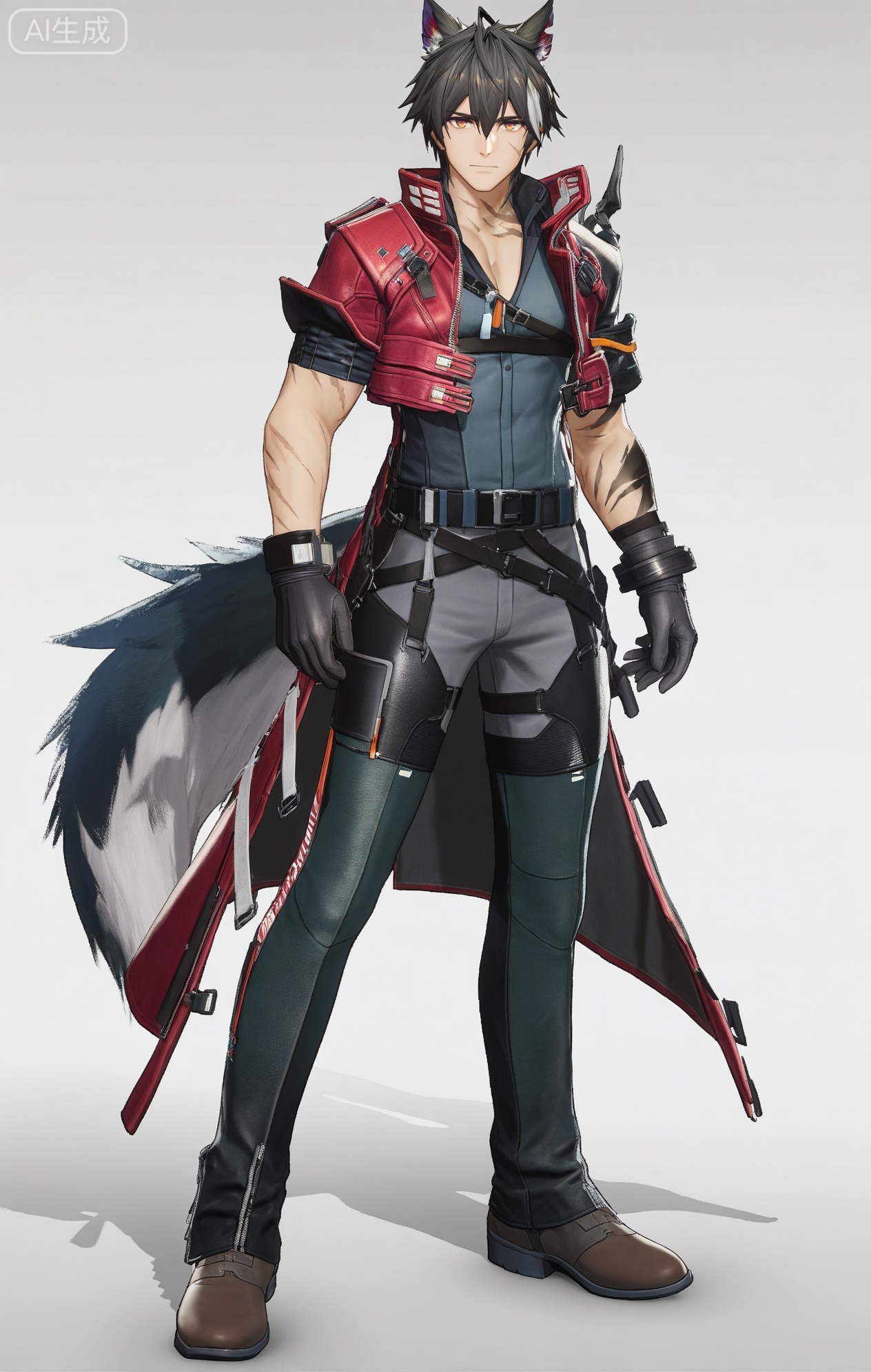 Wulfgard (Arknights: Endfield),brown eyes,black hair,streaked hair,short hair,hair over eyes,wolf ears,Wolf ears,wolf tail,tail,scar on face,scar on arm,black shirt,black gloves,black pants,gloves,short sleeves,coat,jacket,black footwear,boots,pants,red jacket,red coat,belt,cropped jacket,jewelry,scar,