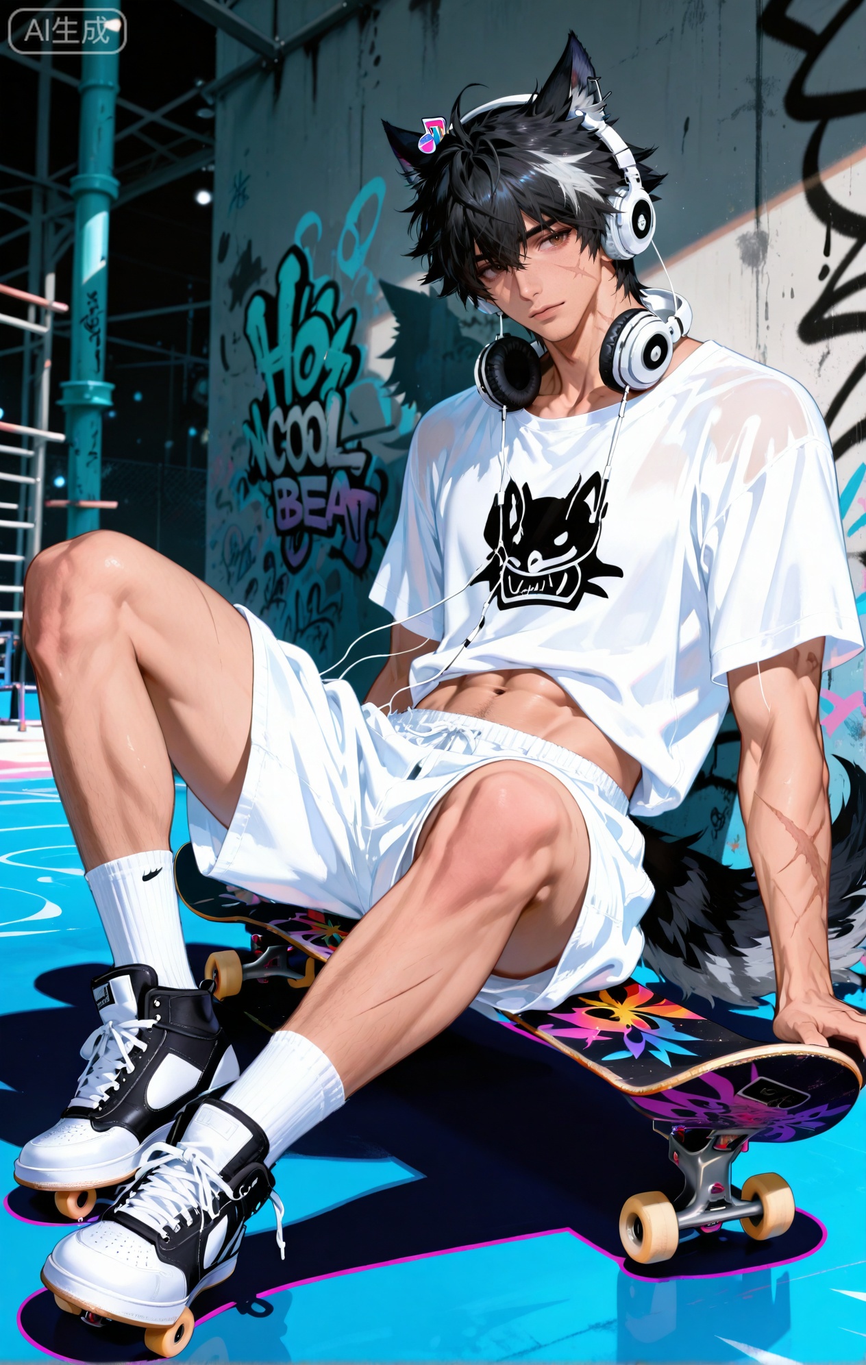 Wulfgard (Arknights: Endfield),brown eyes,black hair,streaked hair,short hair,hair over eyes,wolf ears,Wolf ears,wolf tail,tail,scar on face,scar on arm,
(artist:mazjojo:0.83),(artist:pigeon666:0.67),(artist:zawar379:0.77),(artist:remsrar:0.65),(artist:yoneyama mai:0.74),(artist:chimmyming:0.72),masterpiece,best quality,4k,hd,ultra-detailed,absurdres,perfect lighting,volumetric lighting,(bright, late afternoon sun),shadowing,(good shadowing),depth of field,layered depth of field,dynamic perspective,painterly,maximalism,colors contrast,
1boy, bara, solo, looking at viewer, navel, muscular, muscular male, abs, jewelry, realistic, thighs, (wearing a beanie, an open flannel shirt over a **** top, baggy shorts, skate shoes), (sitting on his skateboard on top of a half-pipe, listening to music on his headphones and nodding his head to the beat:1.7), (a cool, detached, and rhythmic expression:1.5),
surrounded by the concrete ramps of the skatepark, graffiti art, and the sound of wheels on concrete,
skatepark background, simple background, sticker, dynamic pose, dynamic angle,detailed background, full body view,
grid background,(gradient theme:1.4),(hiphop theme:1.4),(skater theme:1.4),(music party theme:1.2),(colored shadow:1.8),xiaozhitiao