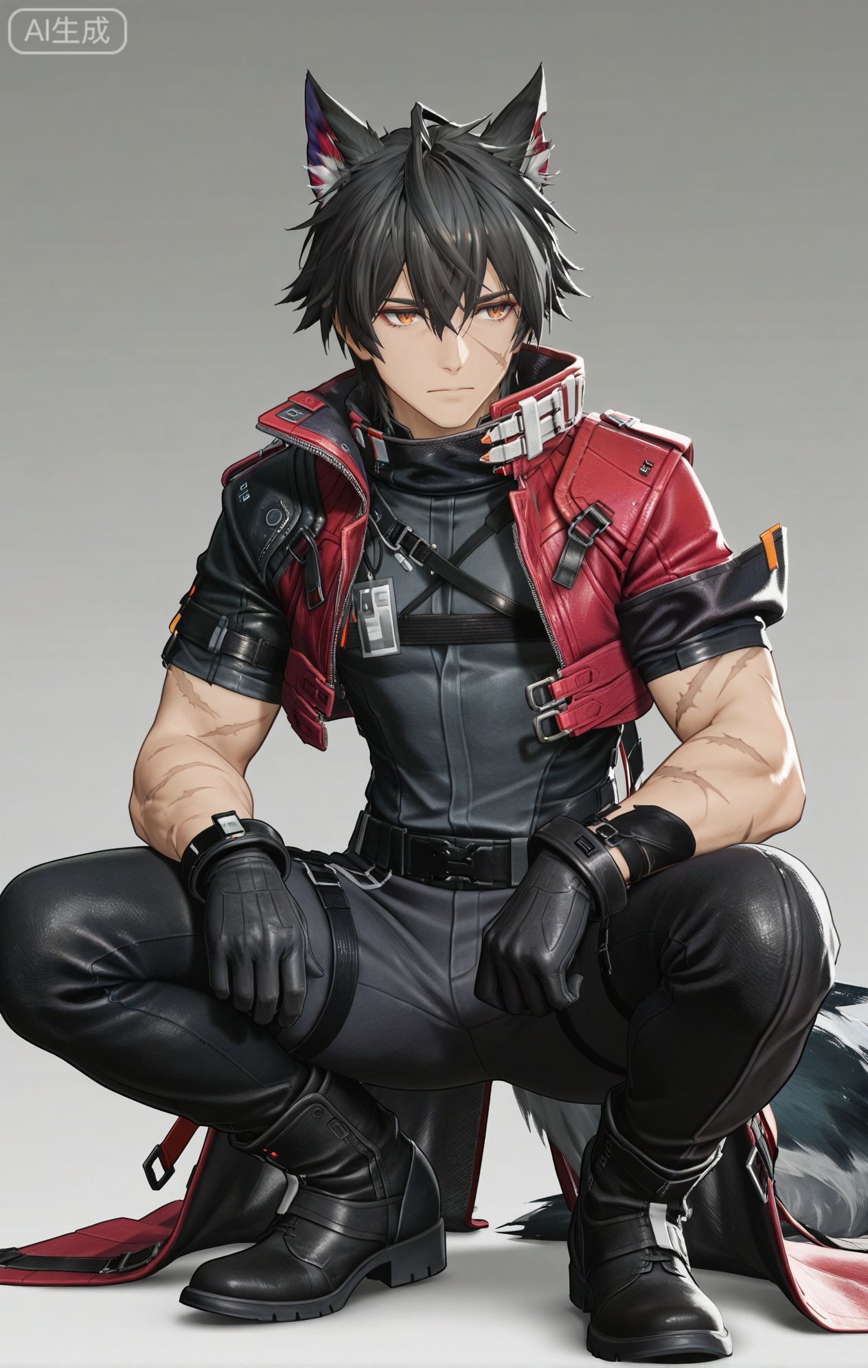 Wulfgard (Arknights: Endfield),brown eyes,black hair,streaked hair,short hair,hair over eyes,wolf ears,Wolf ears,wolf tail,tail,scar on face,scar on arm,black shirt,black gloves,black pants,gloves,short sleeves,coat,jacket,black footwear,boots,pants,red jacket,red coat,belt,cropped jacket,jewelry,scar,squat down