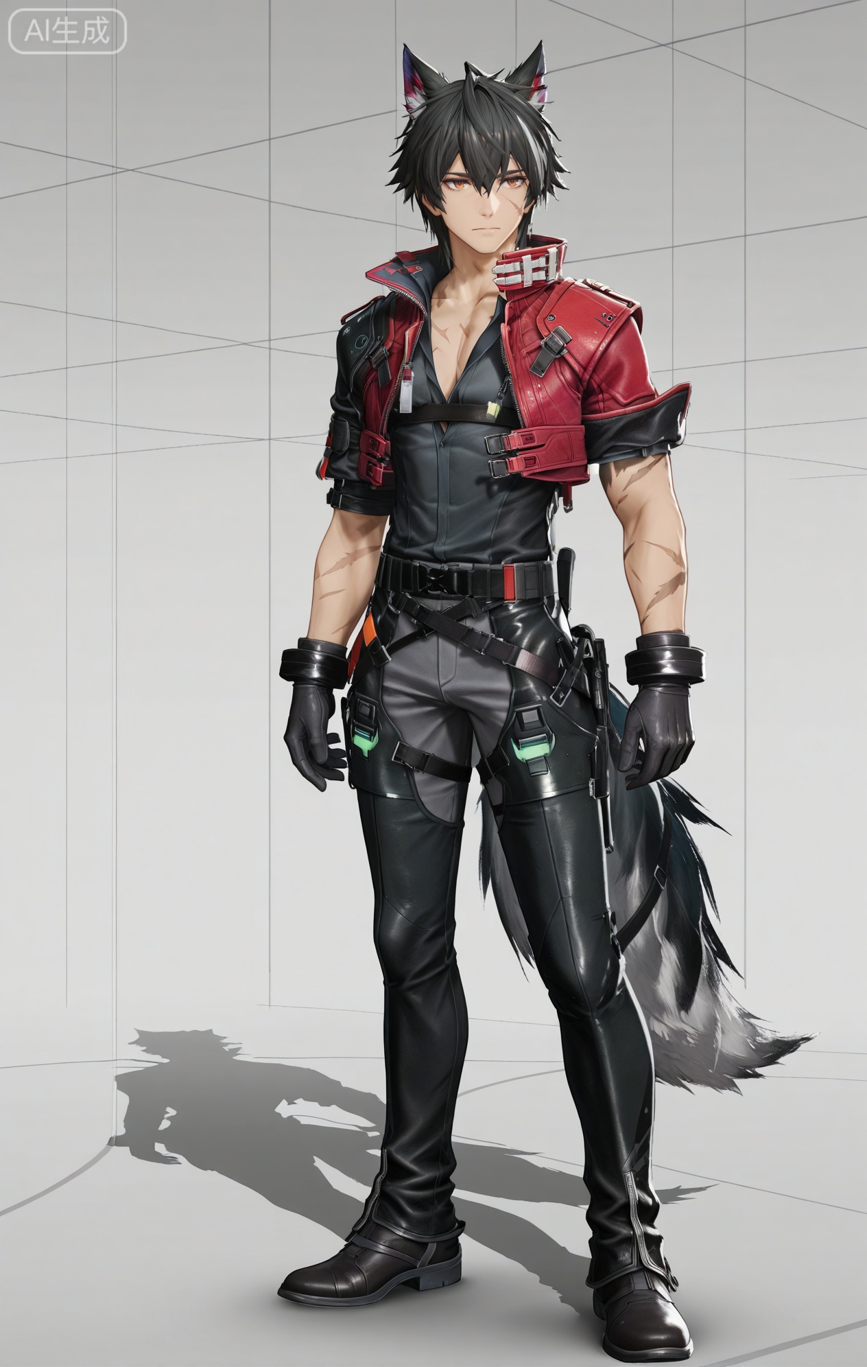 Wulfgard (Arknights: Endfield),brown eyes,black hair,streaked hair,short hair,hair over eyes,wolf ears,Wolf ears,wolf tail,tail,scar on face,scar on arm,black shirt,black gloves,black pants,gloves,short sleeves,coat,jacket,black footwear,boots,pants,red jacket,red coat,belt,cropped jacket,jewelry,scar,