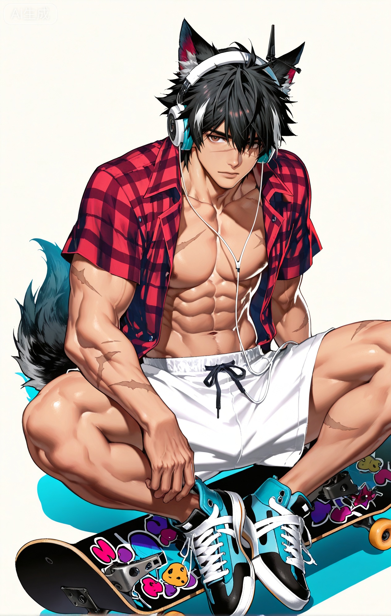 Wulfgard (Arknights: Endfield),brown eyes,black hair,streaked hair,short hair,hair over eyes,wolf ears,Wolf ears,wolf tail,tail,scar on face,scar on arm,
(artist:mazjojo:0.83),(artist:pigeon666:0.67),(artist:zawar379:0.77),(artist:remsrar:0.65),(artist:yoneyama mai:0.74),(artist:chimmyming:0.72),masterpiece,best quality,4k,hd,ultra-detailed,absurdres,perfect lighting,volumetric lighting,(bright, late afternoon sun),shadowing,(good shadowing),depth of field,layered depth of field,dynamic perspective,painterly,maximalism,colors contrast,
1boy, bara, solo, looking at viewer, navel, muscular, muscular male, abs, jewelry, realistic, thighs, (wearing a beanie, an open flannel shirt over a **** top, baggy shorts, skate shoes), (sitting on his skateboard on top of a half-pipe, listening to music on his headphones and nodding his head to the beat:1.7), (a cool, detached, and rhythmic expression:1.5),
surrounded by the concrete ramps of the skatepark, graffiti art, and the sound of wheels on concrete,
skatepark background, simple background, sticker, dynamic pose, dynamic angle,detailed background, full body view,
grid background,(gradient theme:1.4),(hiphop theme:1.4),(skater theme:1.4),(music party theme:1.2),(colored shadow:1.8),xiaozhitiao